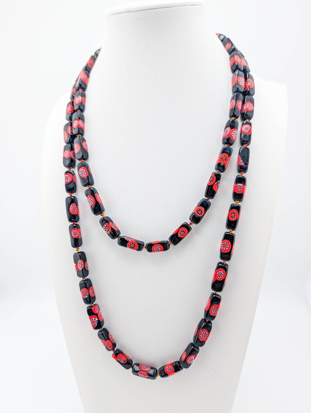 Vintage 44 Inch Millefiori Glass Bead Hand Knotted Necklace with Barrel Clasp